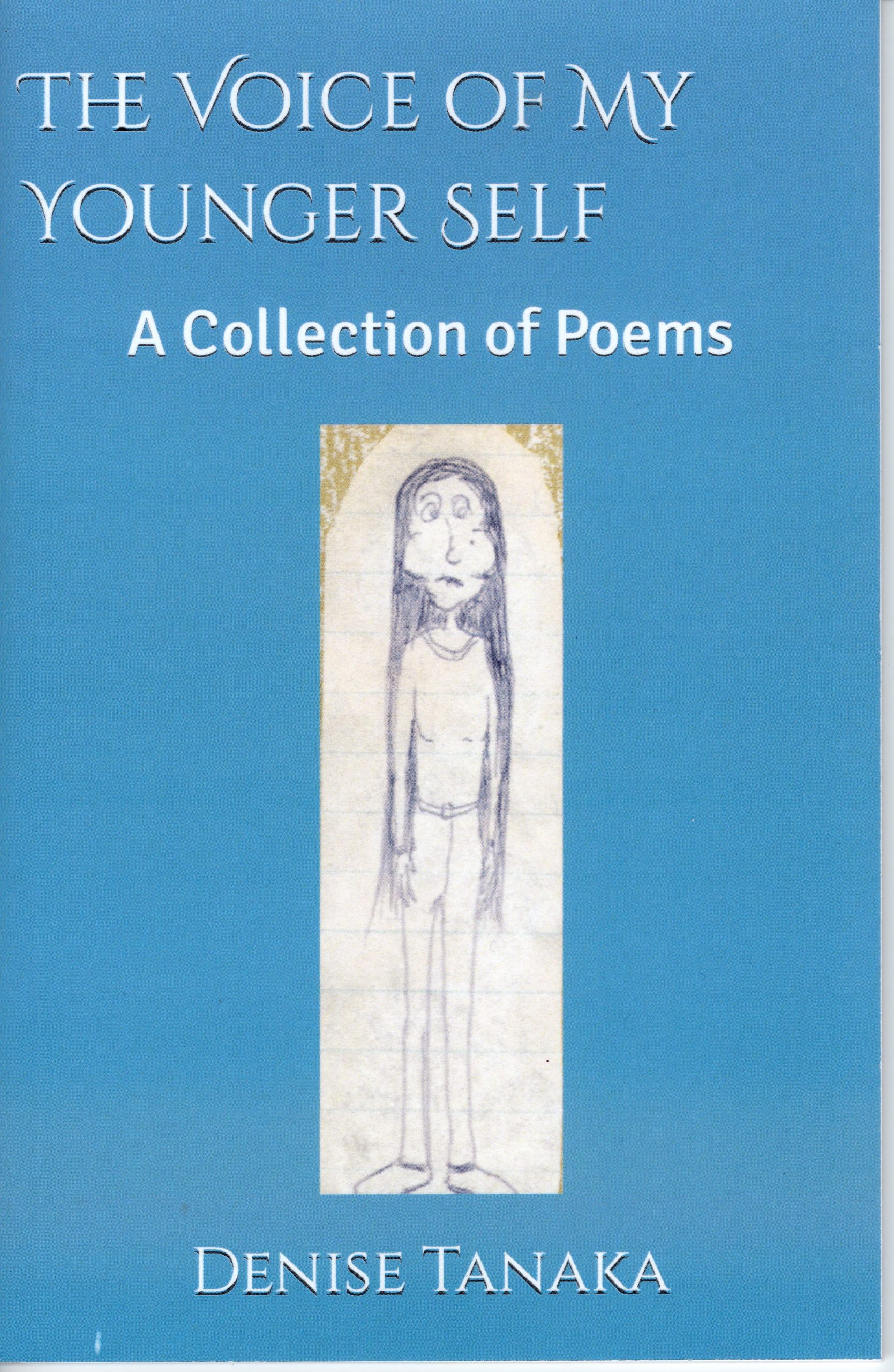 poetry book cover, blue background with ballpoint pen illustration in center